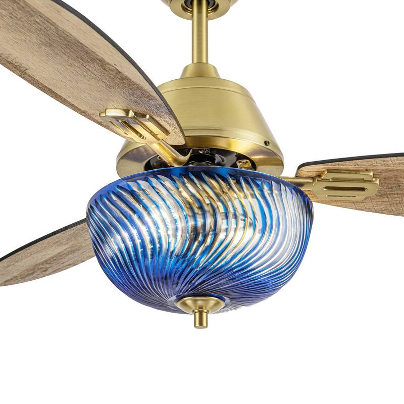 Coco River of Goods 3-blade 42-inch Glam Indoor Ceiling Fan with Blue Hand-Cut Glass Shade and Remote Control