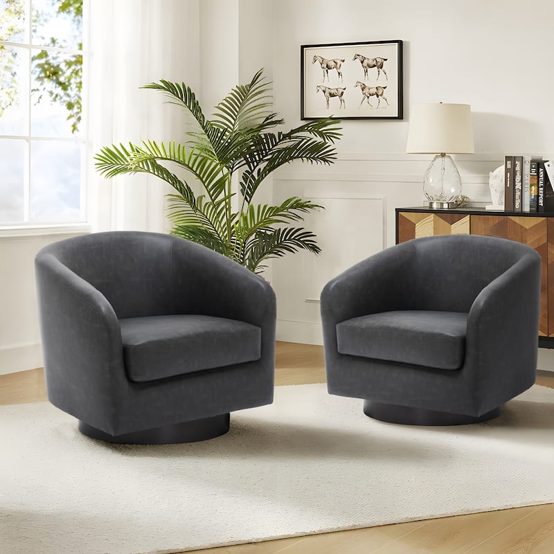 2 Set Modern Vegan Faux Leather Swivel Barrel Accent Chair - 39.1"Wx29.15"Dx29.15"H - Black