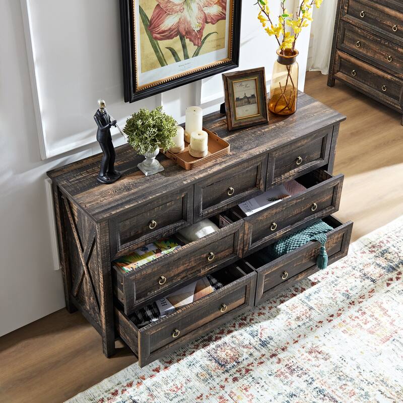 Farmhouse Style 7-Drawer Horizontal Dresser with Rustic Wood Wide Finish and Metal Ring Handle
