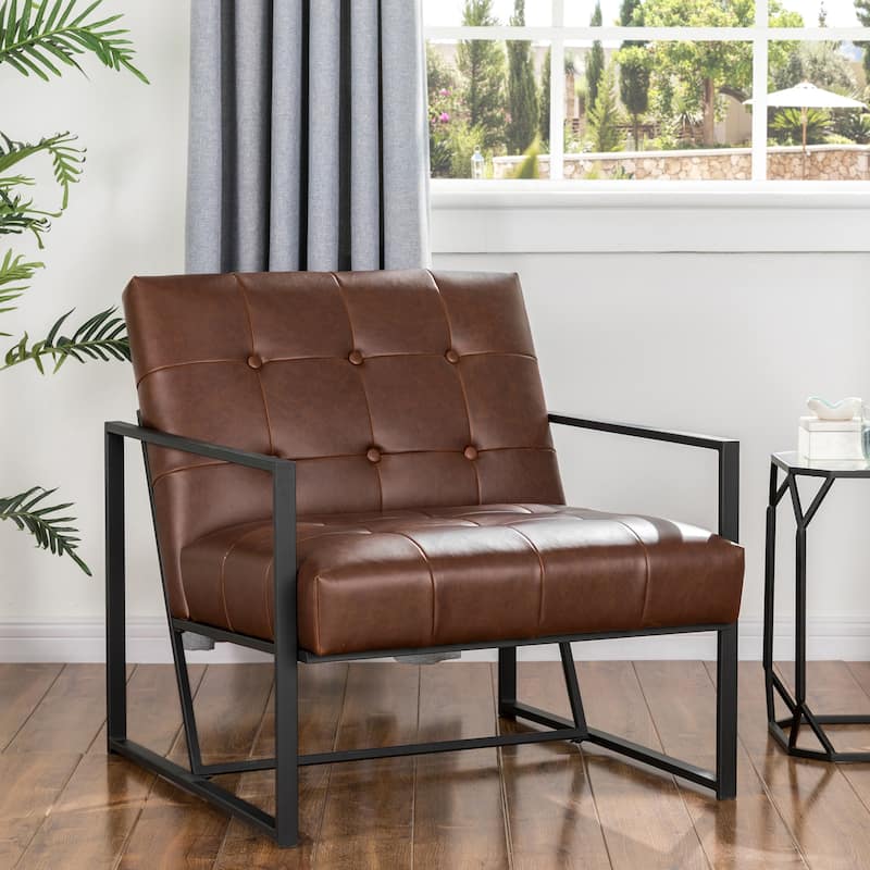 Glitzhome 29.50"W Mid-Century PU Leather Tufted Accent Chair - 29.5"W x 30.5"H x 29.25"D - Brown