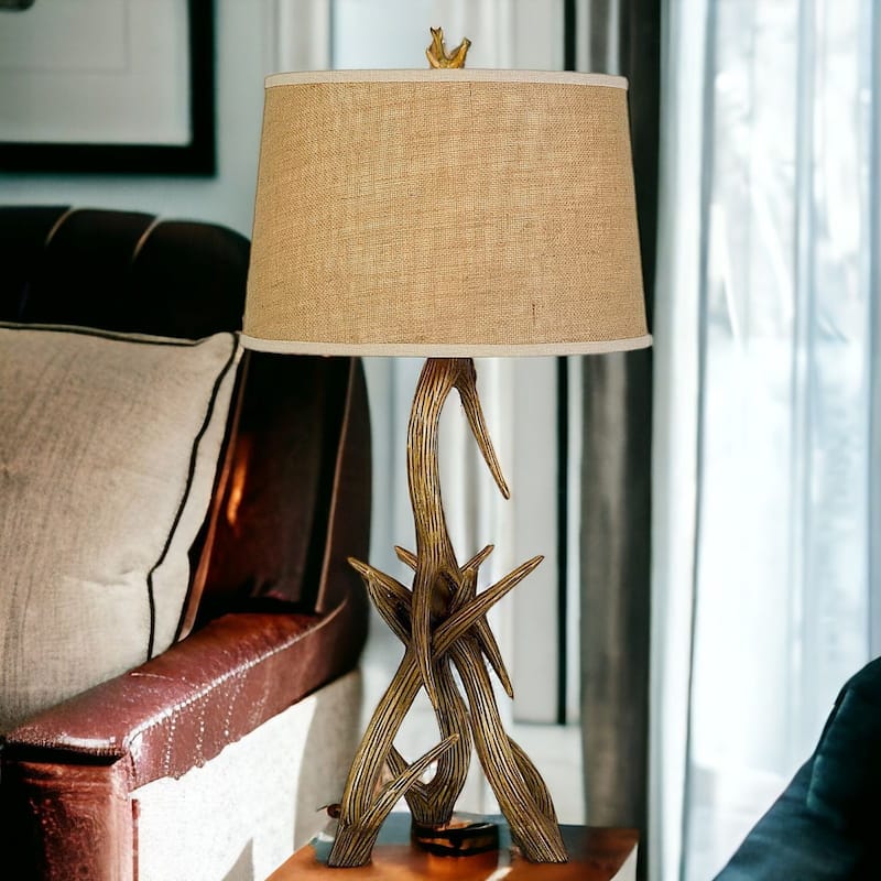 33 Inch Antler Table Lamp with Brown Empire Shade for Lodge Decor - 16" x 16" x 33.25" - Brown