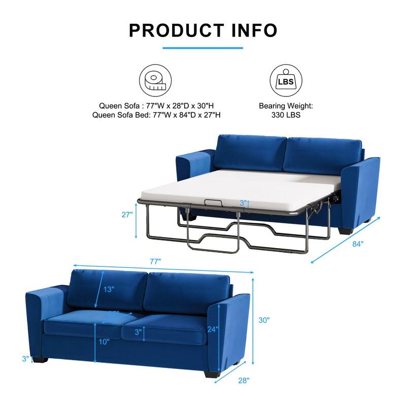 MIxoy Modern Velvet Queen Size 2-in-1 Pull Out Sleep Sofa Bed