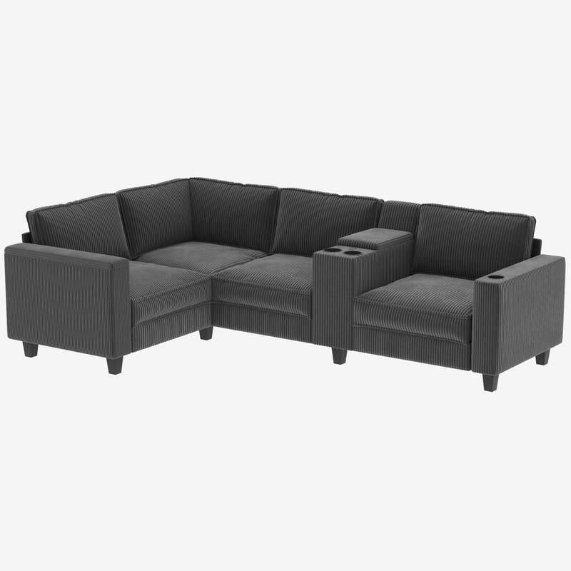 105" L-Shaped Corduroy Sectional Sofa with Storage Armrests and Console, 4-Seater Convertible Couch with USB charging