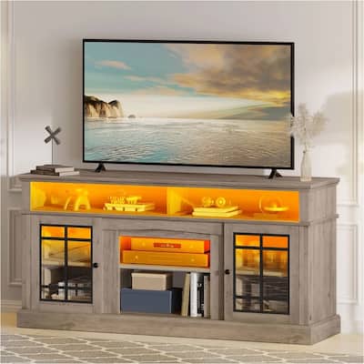 TV Stand for 60 to 75" Table Adjustable Shelves Glass Doors Grey - 65 inches