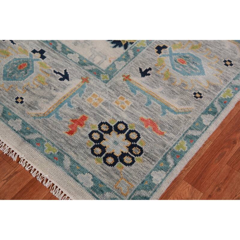 All-Over Geometric Oushak Indian Area Rug Hand-Knotted Wool Carpet - 9'0" x 11'11"