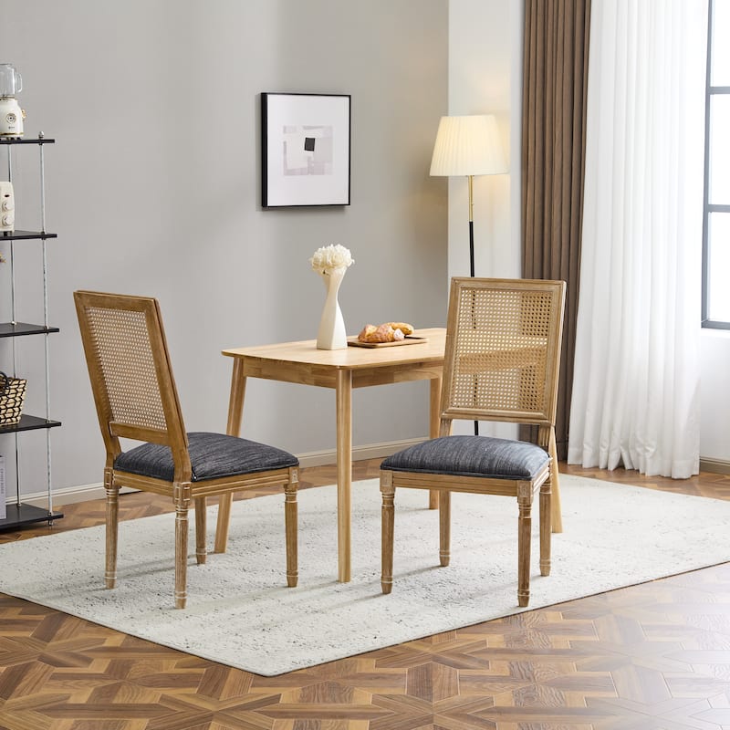 [Set of 2] French Country Dining Chairs - Elegant Cane Backrest & Upholstered Seats with Fluted Legs- Solid Rubberwood Frame
