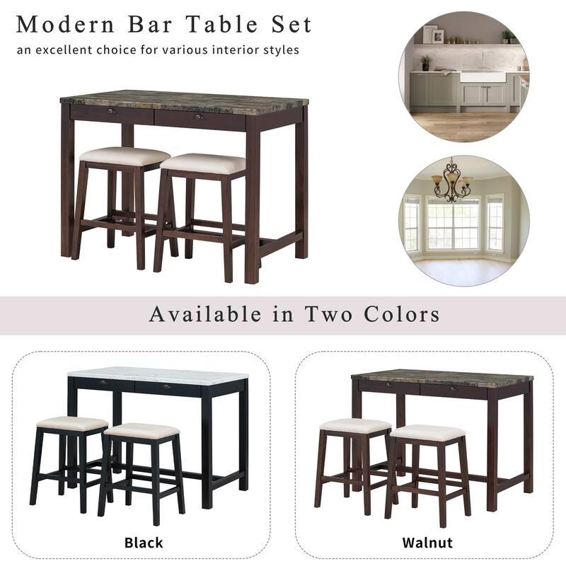 3 Pcs Counter Height Dining Table Set, Breakfast Nook Table Set for 2, Marble Table with Storage Drawers and 2 Padded Stools