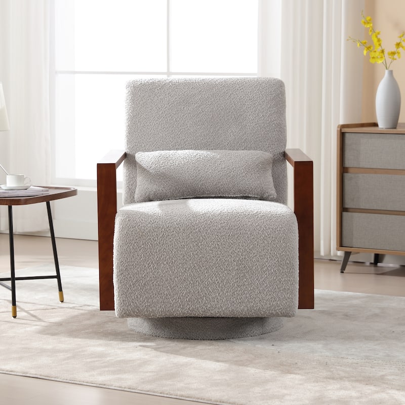 Mid-Century Boucle Upholstered Swivel Armchair With Pillow