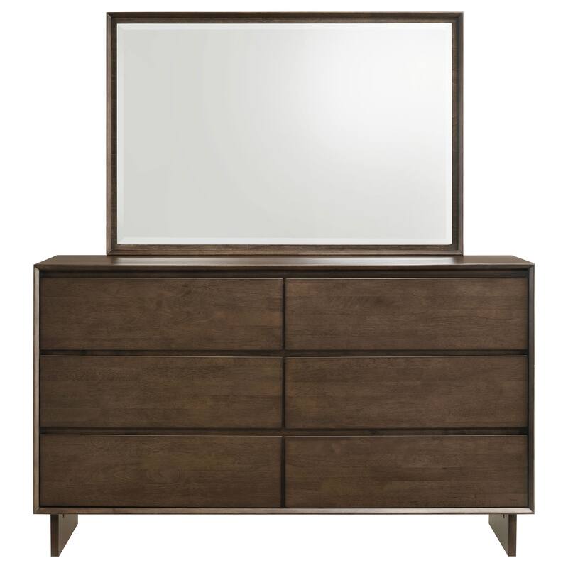 Genu Wide Dresser with Mirror, 6 Drawers, Beveled Glass, Brown Wood