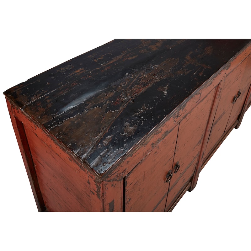 Antique 81-inch Amber Sideboard in Distressed Pine, Orange & Black