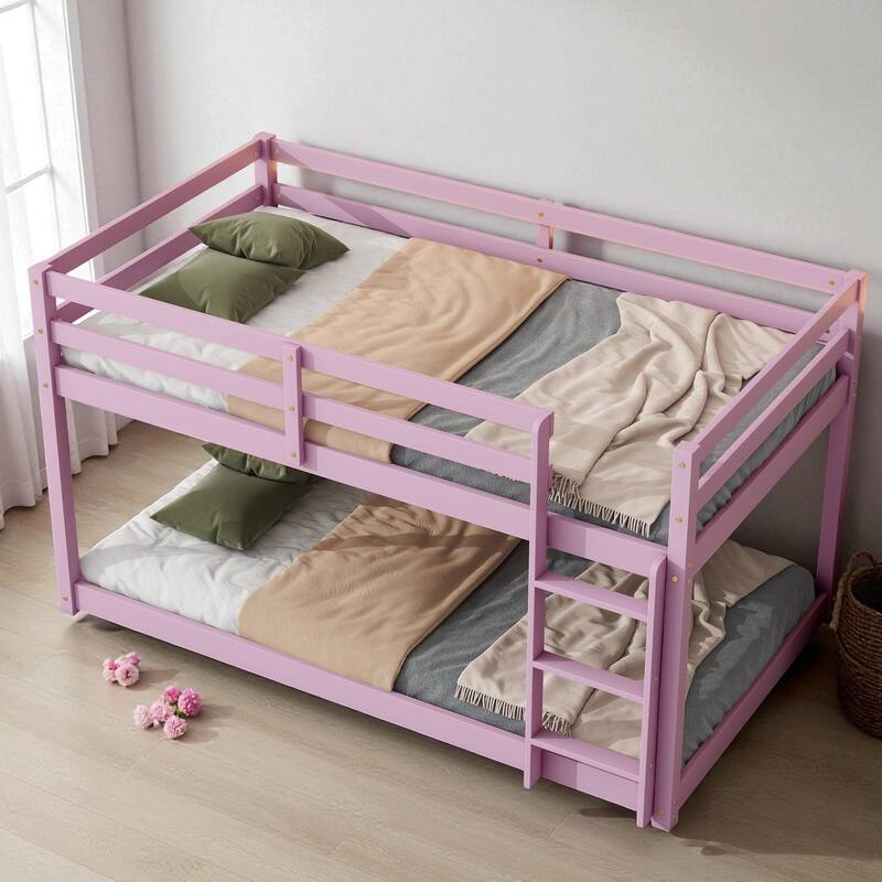 Solid Rubber Wood Twin Over Twin Floor Bunk Bed with Ladder, Low Height Design and Strengthened Slat Support