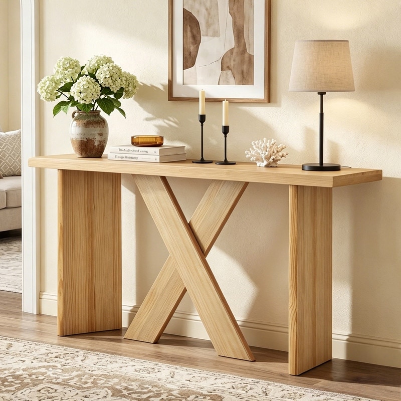 Modern 60.25" Entryway Console Table with X‑Shaped Frame and Rounded Edges for Living Room Hallway