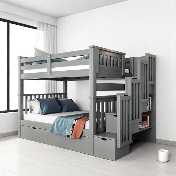 slide 2 of 19, Full Over Full Bunk Bed with Storage Drawers and Shelves, Convertible Staircase Bunk Beds with Guardrails,No Box Spring Required Grey