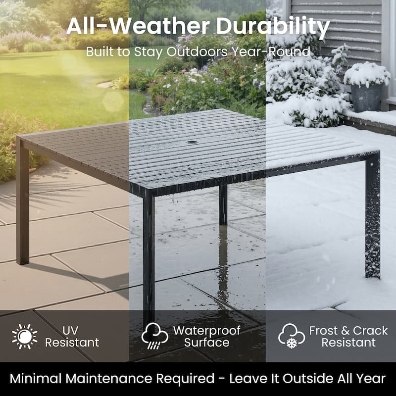 Outdoor All-Weather Aluminum Patio Square Dining Table with Umbrella Hole