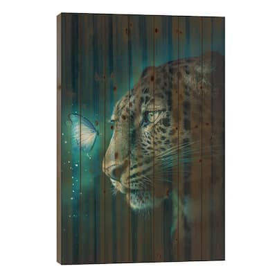 Jaguar And Butterfly Print On Wood by Adam Cousins - Multi-Color