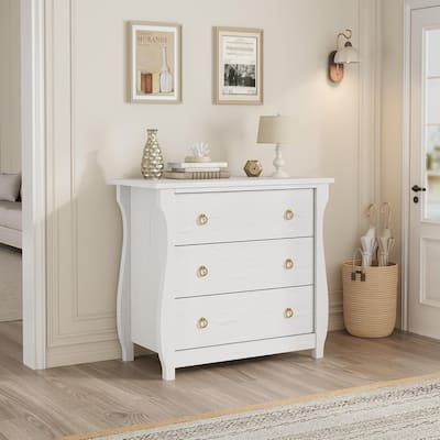 3-Drawer Dresser, Curved Legs, Rattan Trim, Freestanding Storage, White