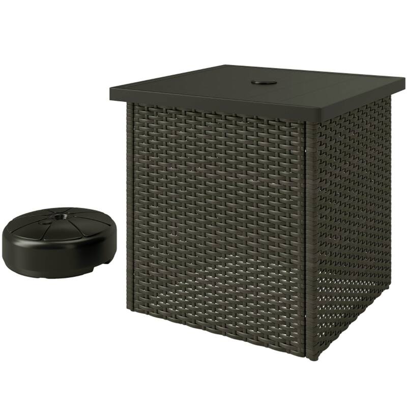 Steel PE Rattan Patio Side Table with Umbrella Base - 20" L x 20" W x 20" H - Mixed Brown