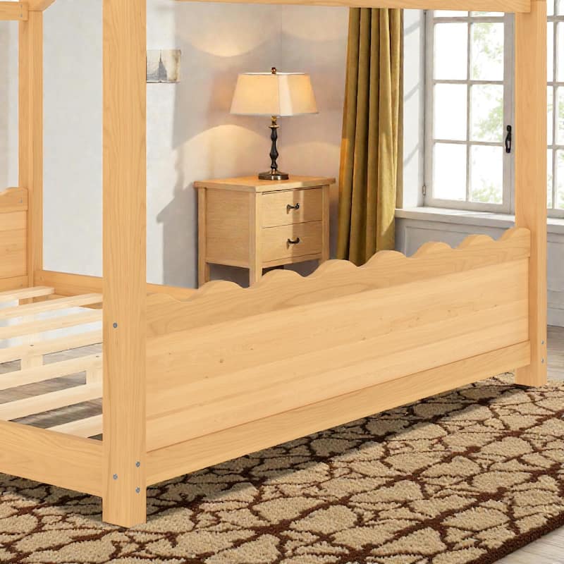 Kids Solid Wood House Floor Bed with Support Slats, Montessori Low Profile Bed, No Box Spring Needed
