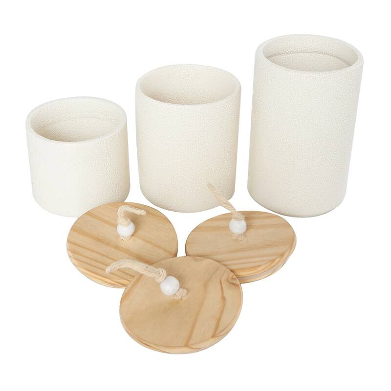 Cream or Blue Ceramic Canisters with Brown Wood Lids and Beaded Accents (Set of 3)