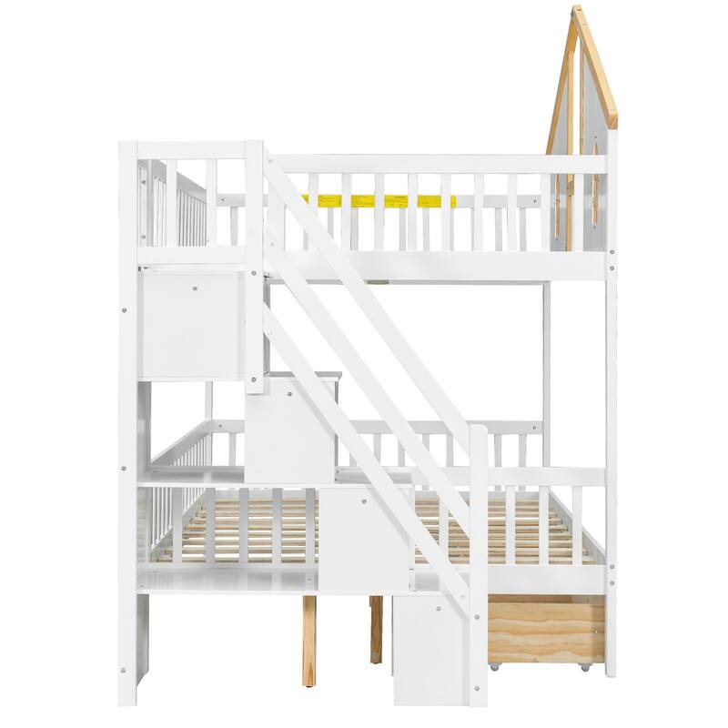 Fairytale Bunk Bed with Window Door House-shaped Roof Frame and Storage Staircase, Optional with Storage Drawers or Trundle Bed