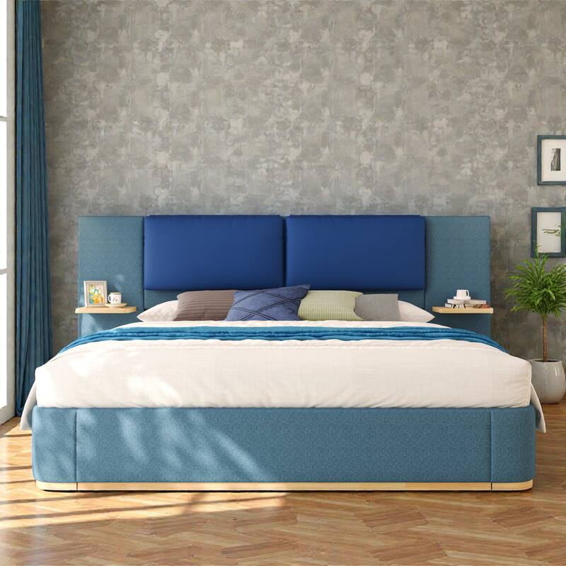 Upholstered Platform Bed Frame with Side Storage Panels, Soft Rounded Corners, Cushioned Headboard & No Box Spring Needed