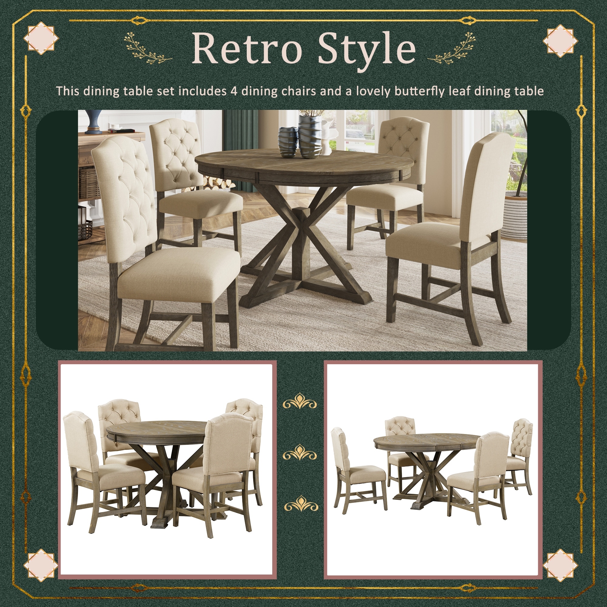 Functional Retro Style Dining Table Set with Extendable Table and