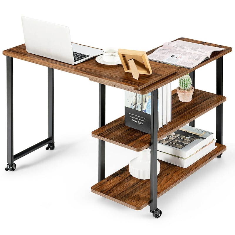 Gymax Sofa Side End Table Rotating Bookcase Patented w/ Wheels Brown - See Details