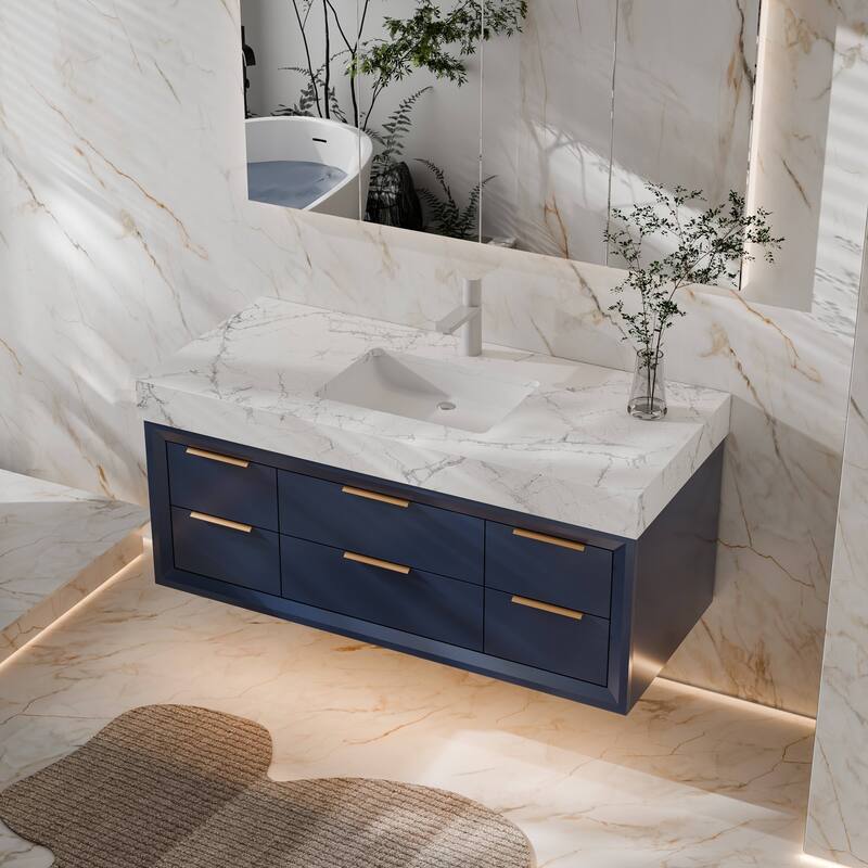 Modland 48" Modern Floating Bathroom Vanity with Single Sink, Soft-Close Drawers, White Stone Countertop