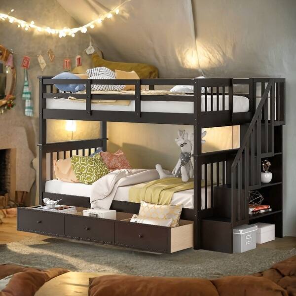 slide 2 of 16, Artsy Twin-Over-Twin Bunk Bed with Three Drawers and Storage Stairway for Bedroom, Maximized Space, Espresso Espresso