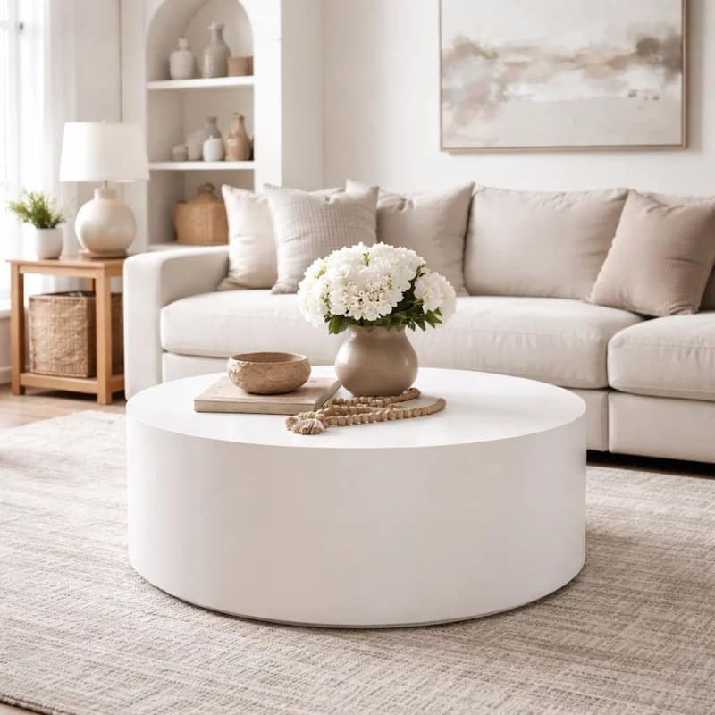 Viko Round Coffee Table, White Wood Faux Concrete Finish, 39 Inch