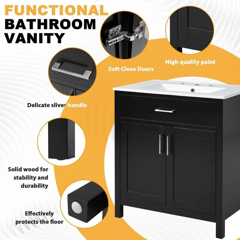 Compact 30-Inch Bathroom Vanity with Ceramic Sink, Premium Wood Frame & Soft-Close Doors