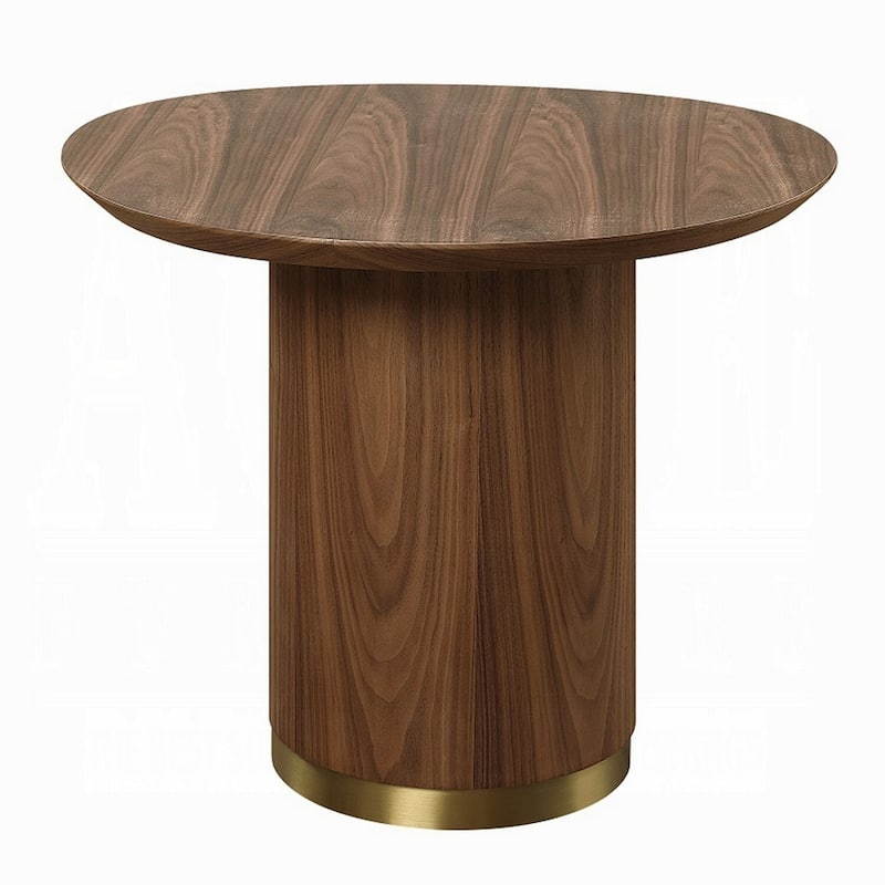 21 in. Walnut Brown and Gold Round Wood End Table with Pedestal Base