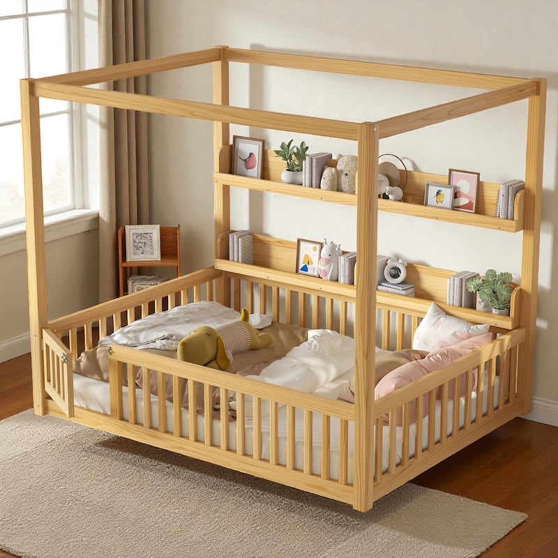 Twin/Full Size Montessori Floor Bed with Canopy and Guardrails, Solid Wood Kids Bed Frame with Shelves, No Box Spring Needed