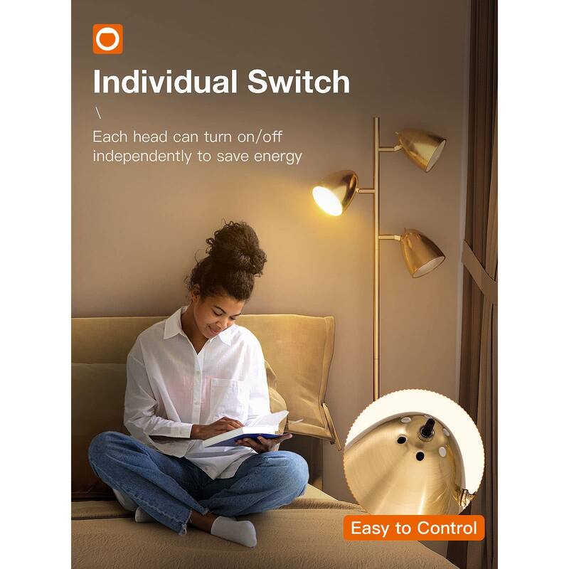 Tree Floor Lamp with 3 Adjustable Rotating Lights and Matching LED Bulbs, Standing Tall Pole Lamps - Gold