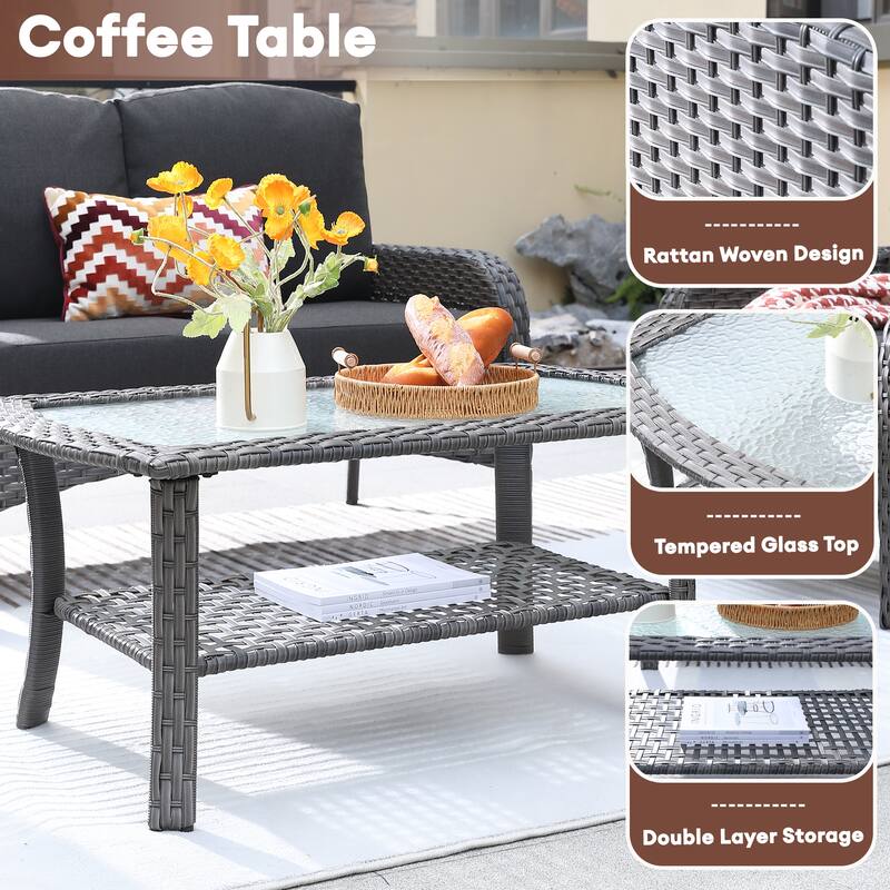 XIZZI 2-piece Outdoor Furniture Wicker Loveseat Sofa Set with Coffee Table