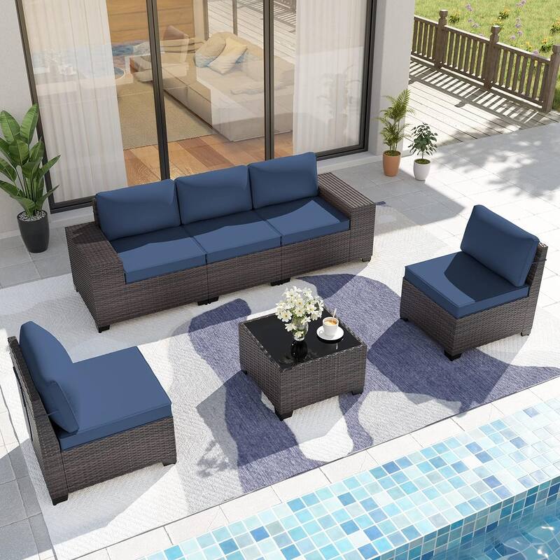 Delnavik Patio Furniture Set Sofa 6-Piece Wicker Sectional Sofa Set, Outdoor Furniture Rattan Patio Sofa Conversation Set - Navy Blue