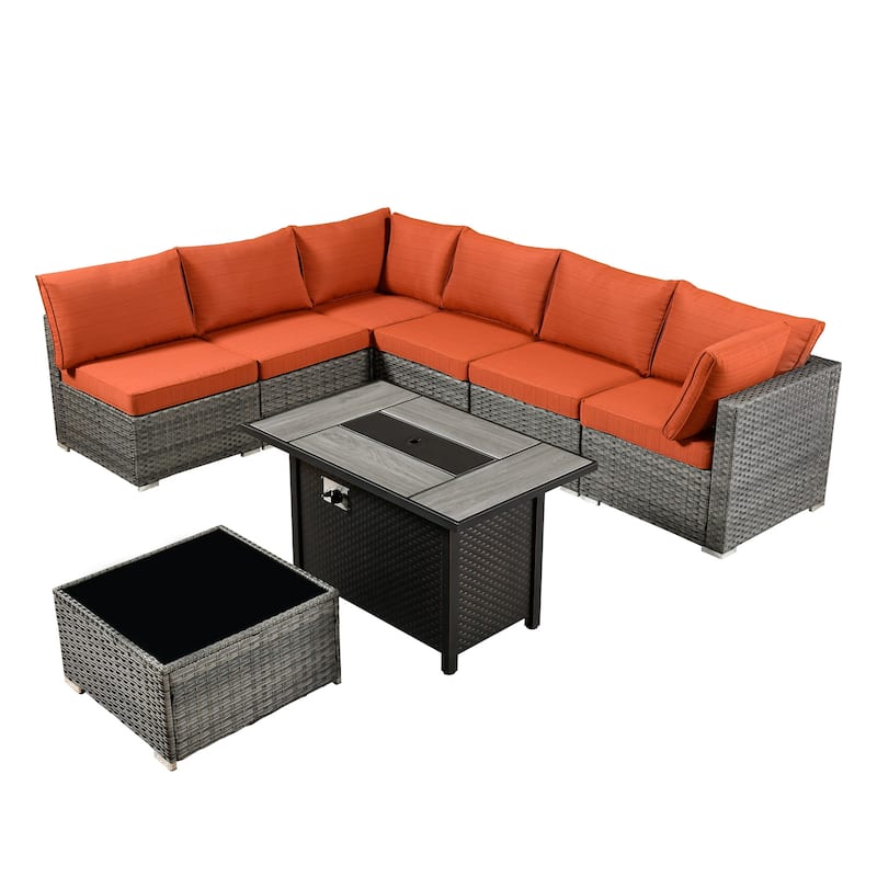 HOOOWOOO 8-piece Grey Wicker Patio Furniture Set Sectional Sofa with Fire Pit Table