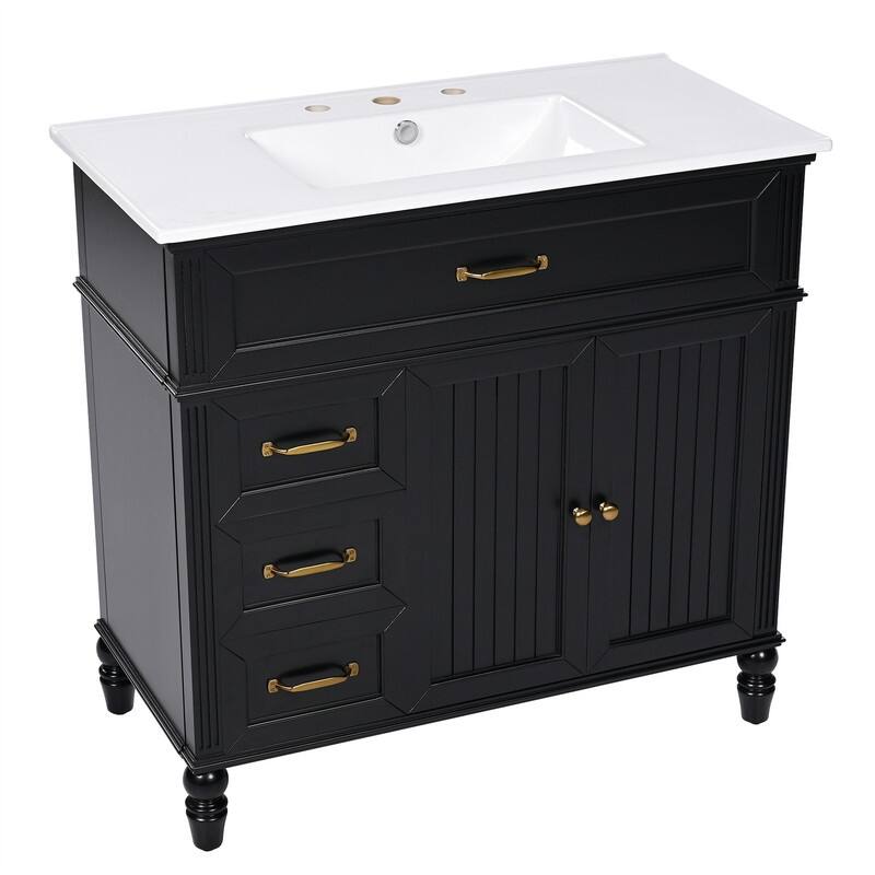 36" Bathroom Vanity with Ceramic Sink Combo, Freestanding Bathroom Storage Cabinet with 2 Storage Drawers and 2 Doors