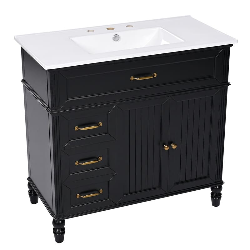 36" Bathroom Vanity with Ceramic Sink Top, Freestanding Bathroom Vanity Cabinet with 2 Doors and 2 Storage Drawers