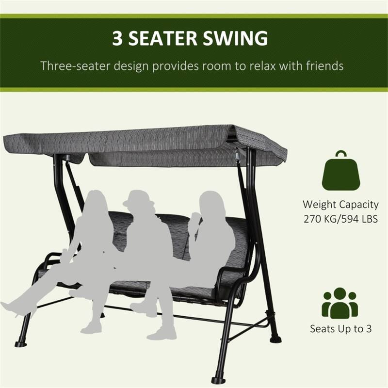3 Seat Outdoor Porch Swing with Adjustable Canopy and Cushioned Patio Swing Chair for Garden Deck - 78.75" L x 47.25" W x 67" H