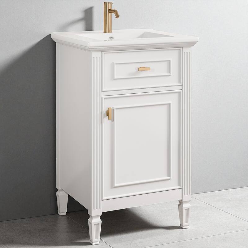 20" Bathroom Vanity with Sink, Freestanding Cabinet with Tilt-Out Drawer, Adjustable Shelf, Solid Wood Legs, Single Hole Faucet - White
