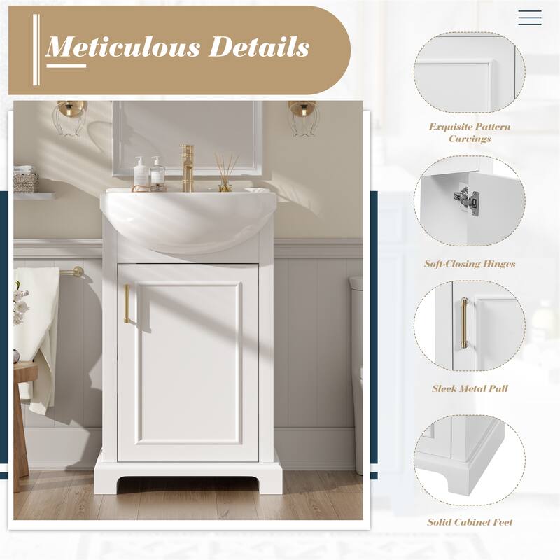 20-inch Bathroom Vanity with Ceramic Sink, Freestanding Single Vanity Set with Soft Closing Door, Bulged Ceramic Basin