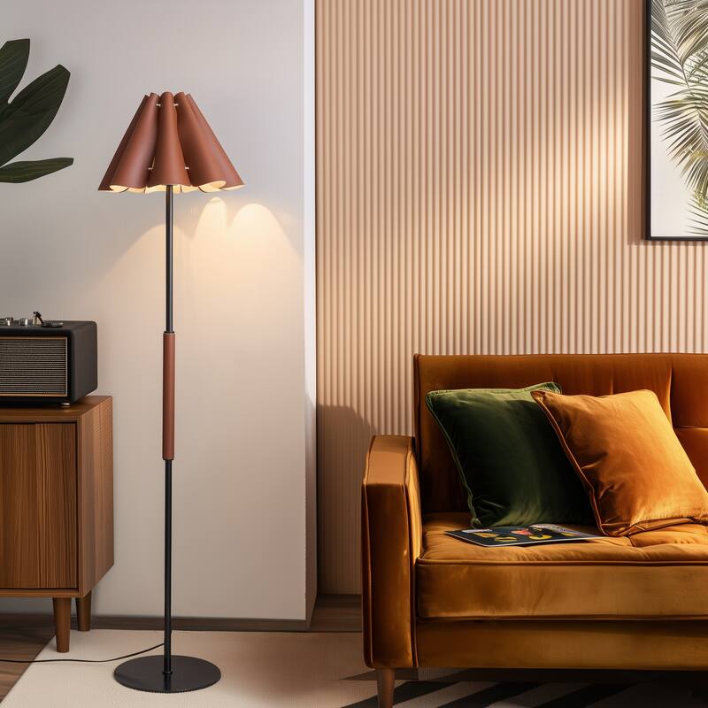 Mid-Century Modern Floor Lamp with Faux Leather Shade - 65 inch