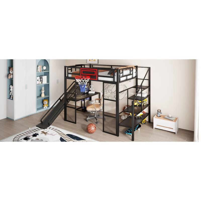 Roomfitters Full Metal Loft Bed with Slide, Desk, Wardrobe and Basketball Hoop, Black