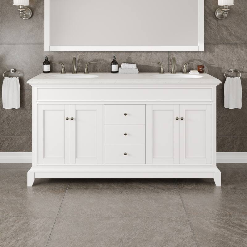 Elite Stamford Bath Vanity with Carrara Quartz Top and Porcelain Sink - 60" - Double - White