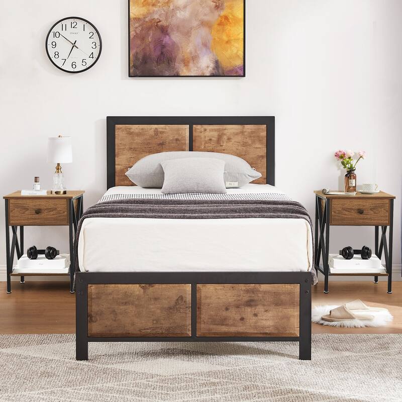 VECELO 3-Pieces Bedroom Sets, Platform Bed with Headboard and Set of 2 Nightstands - Brown - Twin