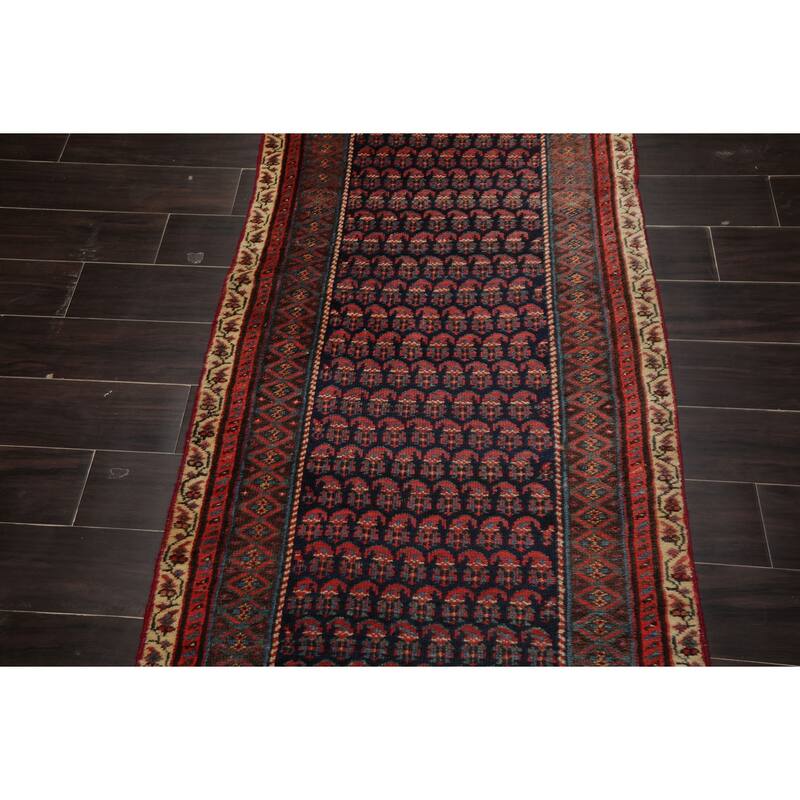 Antique Kerman Traditional Boteh 3'x17'7'' Hand Knotted Wool Navy low pile all over Rug - 3' x 17' 7''