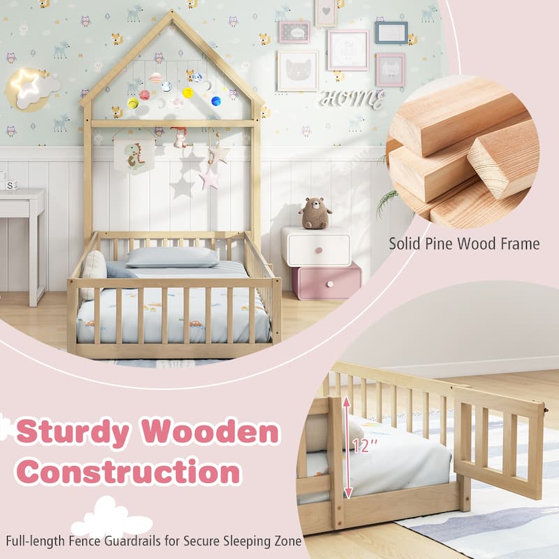 Montessori Twin Size Floor Bed Frame with Guardrails and House Shaped Headboard for Kids Bedroom