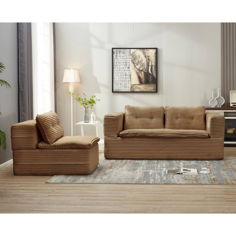 Convertible Floor Sofa Bed with Chaise Lounge, Corduroy 3-in-1 Sofa, Sofa to Bed with Dual-Purpose Blanket, No Assembly Required