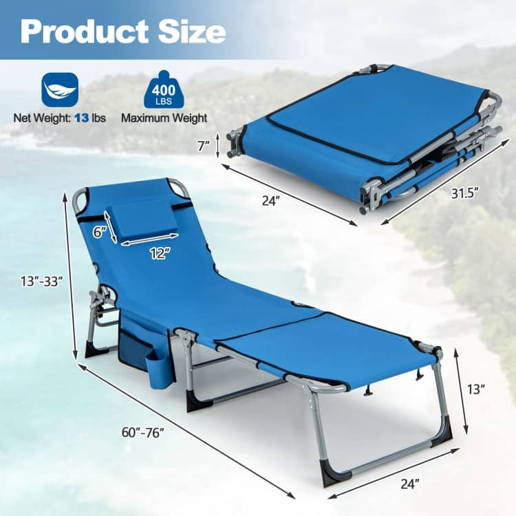 5-Position Folding Chaise Lounge Chair with Adjustable Footrest - 60" x 24" x 33"
